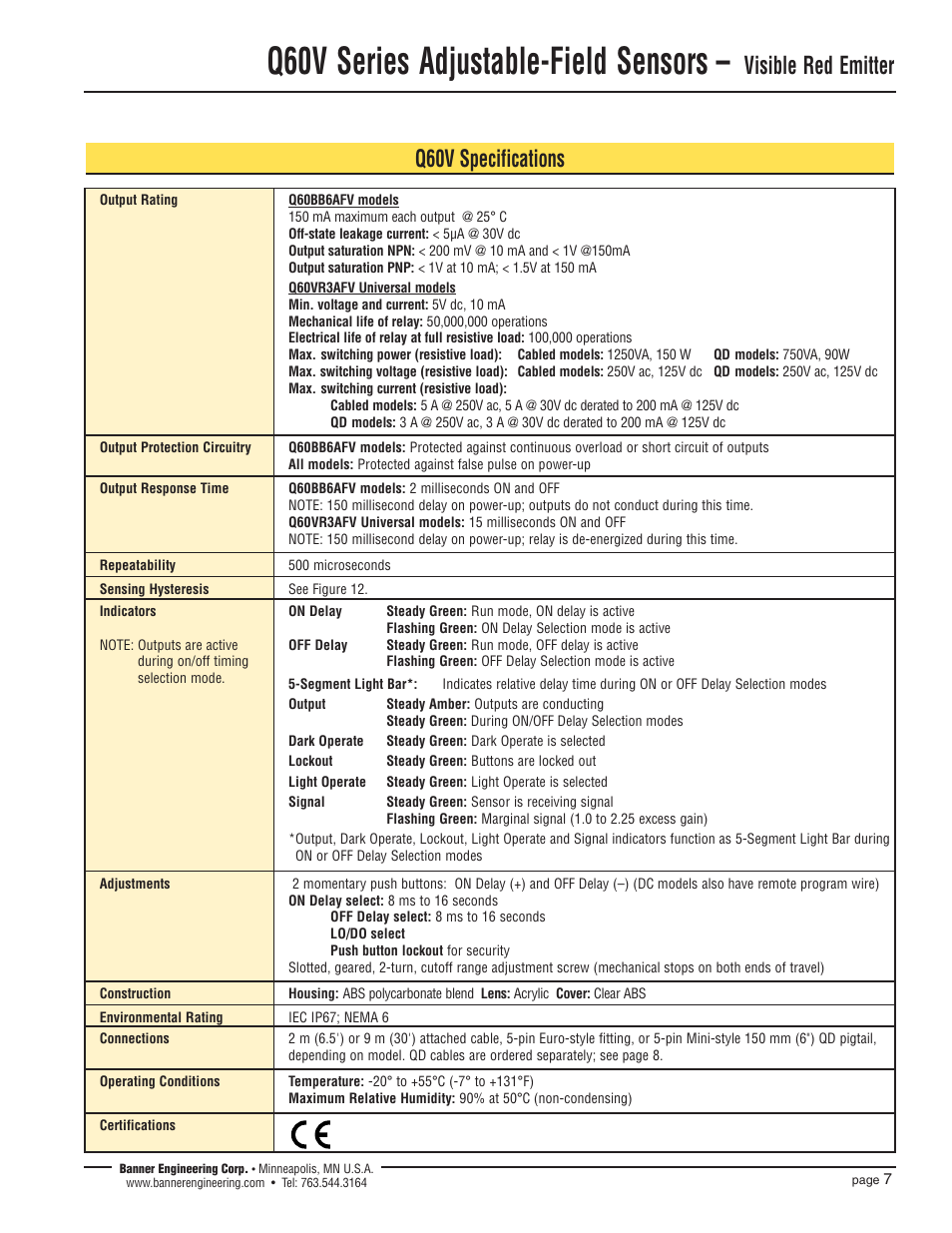 Q60v series adjustable-field sensors, Visible red emitter, Q60v specifications | Banner Q60 Background Suppression Series User Manual | Page 7 / 8