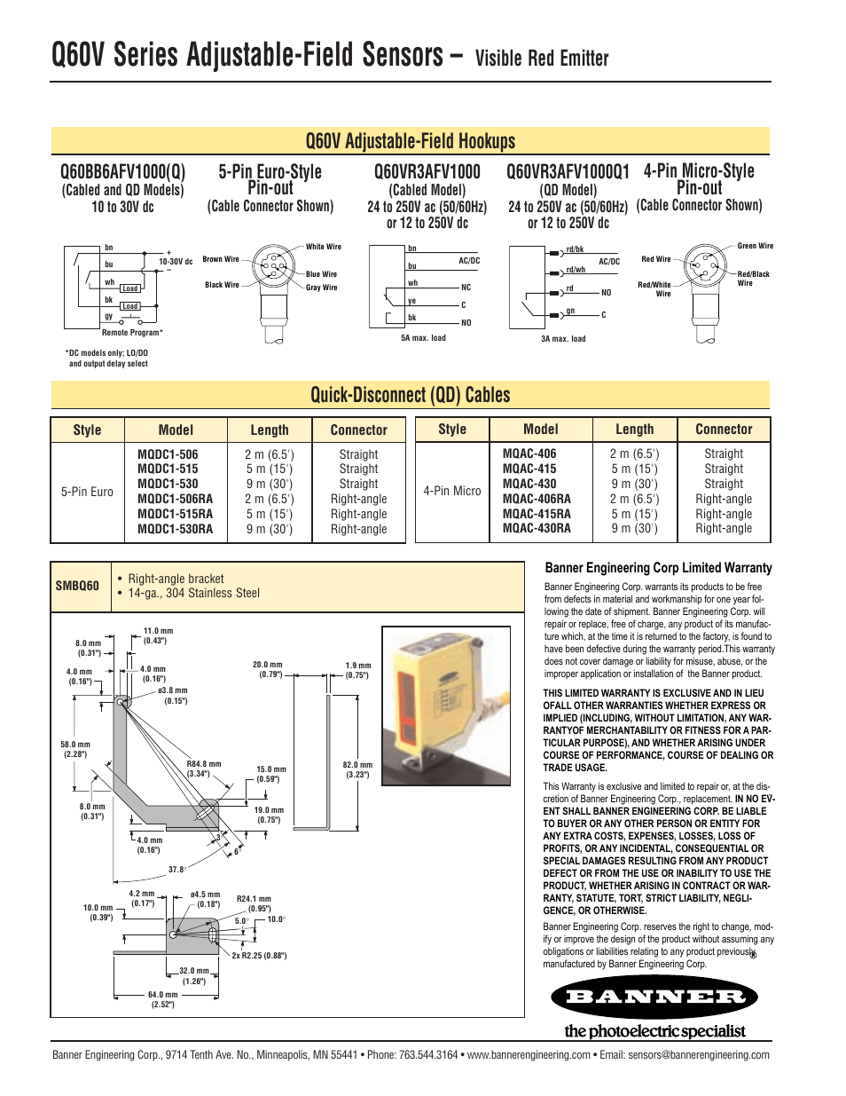 Q60v series adjustable-field sensors, Visible red emitter, Q60v adjustable-field hookups | Quick-disconnect (qd) cables, Pin euro-style pin-out, Pin micro-style pin-out, Cabled and qd models) 10 to 30v dc, Cable connector shown), Banner engineering corp limited warranty | Banner Q60 Background Suppression Series User Manual | Page 8 / 8