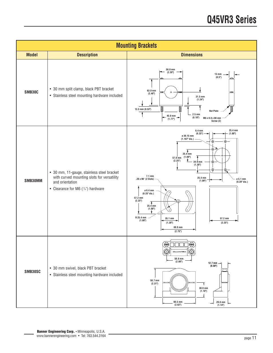 Q45vr3 series, Mounting brackets, Model description dimensions | Hardware | Banner Q45 Series User Manual | Page 11 / 12