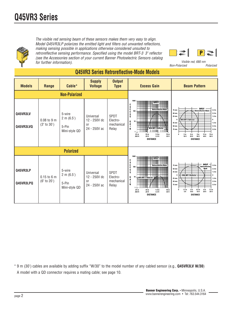 Q45vr3 series, Q45vr3 series retroreflective-mode models, Non-polarized | Polarized | Banner Q45 Series User Manual | Page 2 / 12