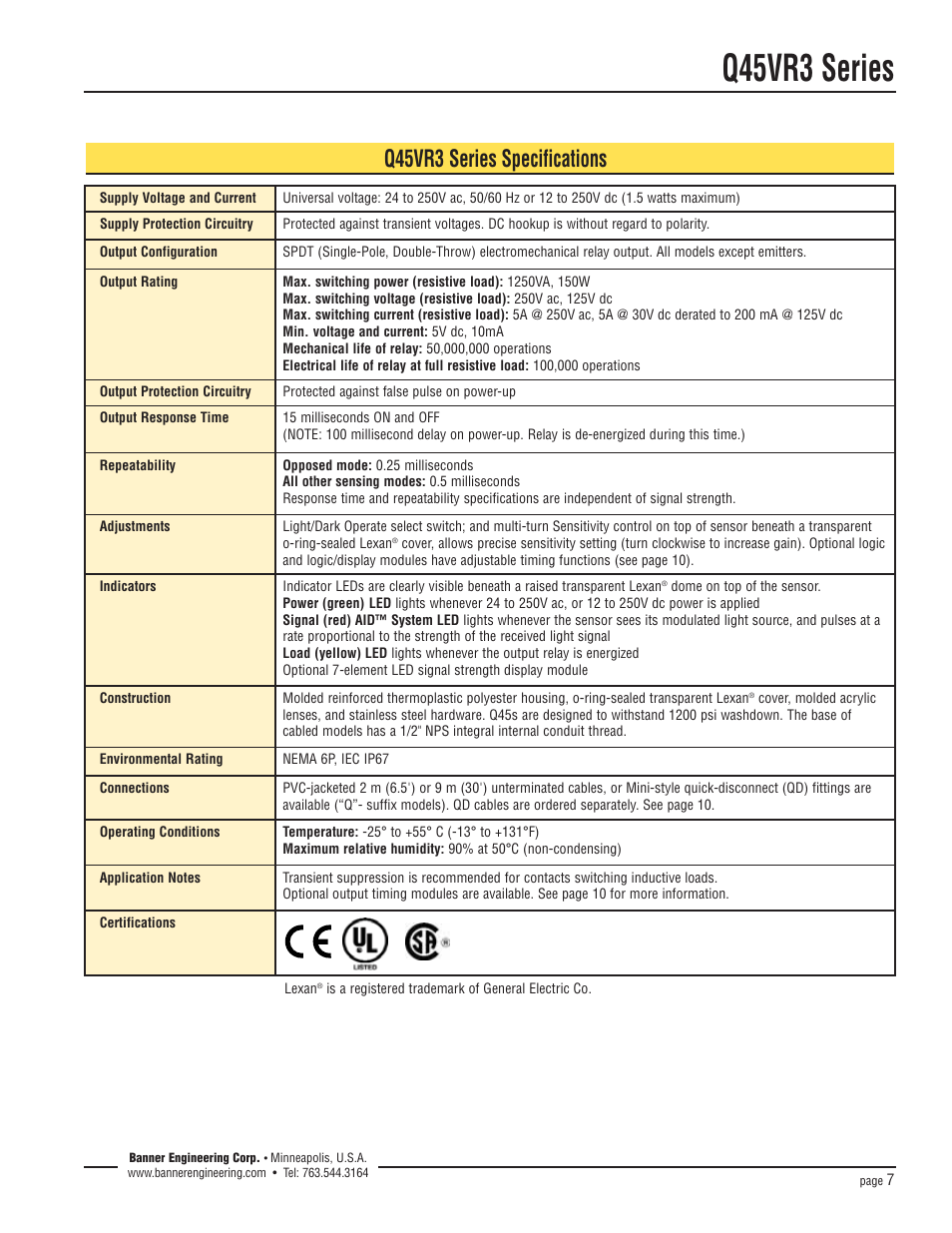Q45vr3 series, Q45vr3 series specifications | Banner Q45 Series User Manual | Page 7 / 12
