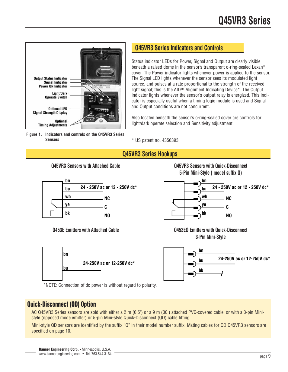 Q45vr3 series, Q45vr3 series indicators and controls, Q45vr3 series hookups | Quick-disconnect (qd) option | Banner Q45 Series User Manual | Page 9 / 12