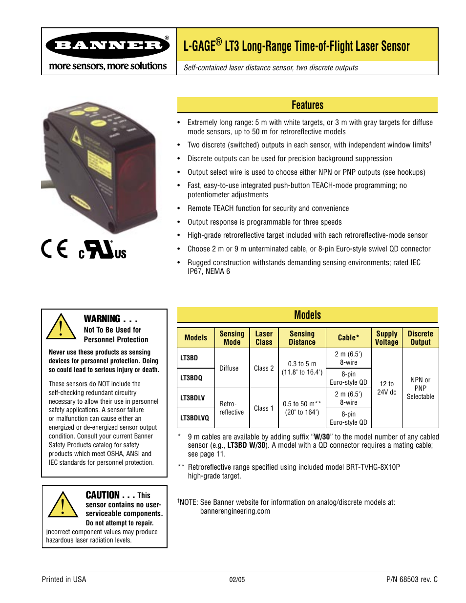 Banner L-GAGE LT3 Series User Manual | 12 pages