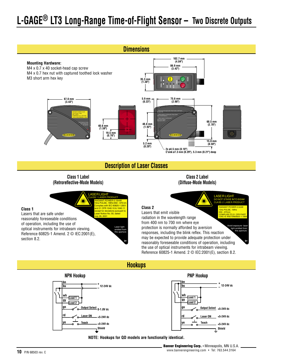 L-gage, Lt3 long-range time-of-flight sensor, Two discrete outputs | Hookups, Description of laser classes, Dimensions, Pnp hookup npn hookup | Banner L-GAGE LT3 Series User Manual | Page 10 / 12