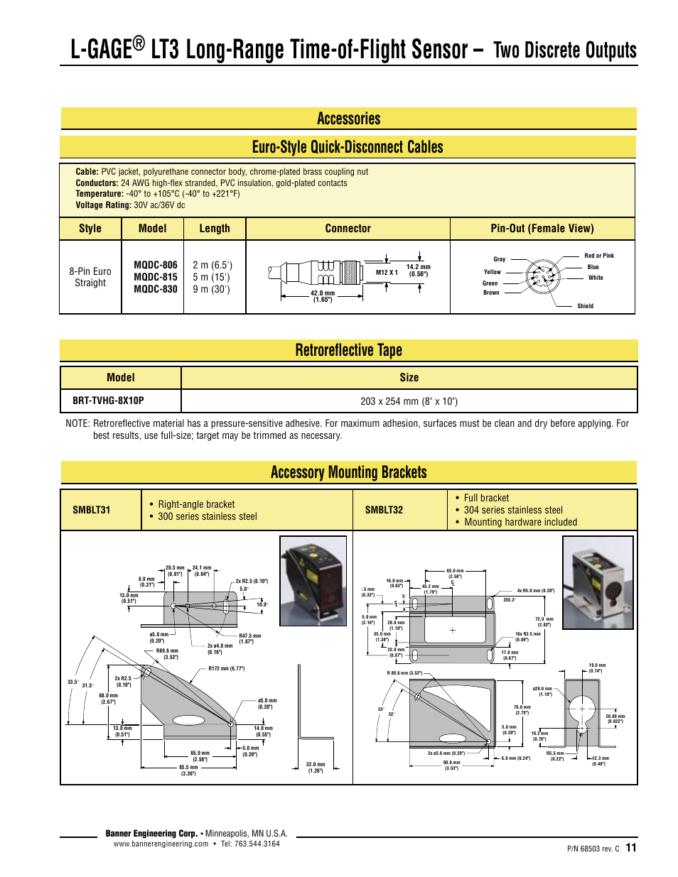 L-gage, Lt3 long-range time-of-flight sensor, Two discrete outputs | Euro-style quick-disconnect cables accessories, Retroreflective tape, Accessory mounting brackets, Style model length connector pin-out (female view), Model size | Banner L-GAGE LT3 Series User Manual | Page 11 / 12