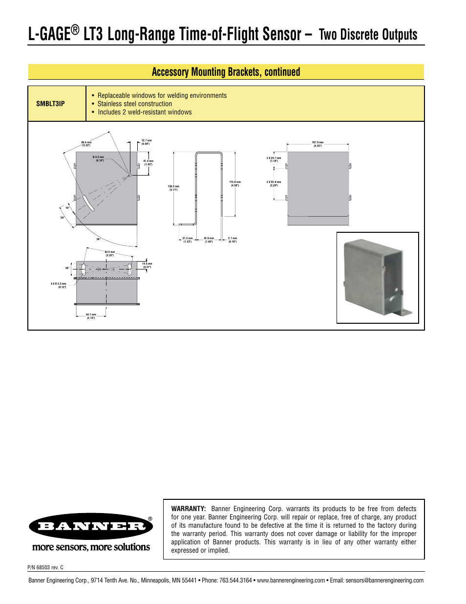 L-gage, Lt3 long-range time-of-flight sensor, Two discrete outputs | Accessory mounting brackets, continued | Banner L-GAGE LT3 Series User Manual | Page 12 / 12