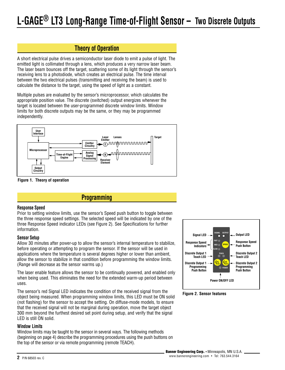 L-gage, Lt3 long-range time-of-flight sensor, Two discrete outputs | Theory of operation, Programming, Response speed, Sensor setup, Window limits | Banner L-GAGE LT3 Series User Manual | Page 2 / 12