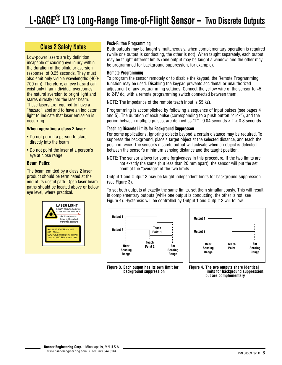 L-gage, Lt3 long-range time-of-flight sensor, Two discrete outputs | Banner L-GAGE LT3 Series User Manual | Page 3 / 12