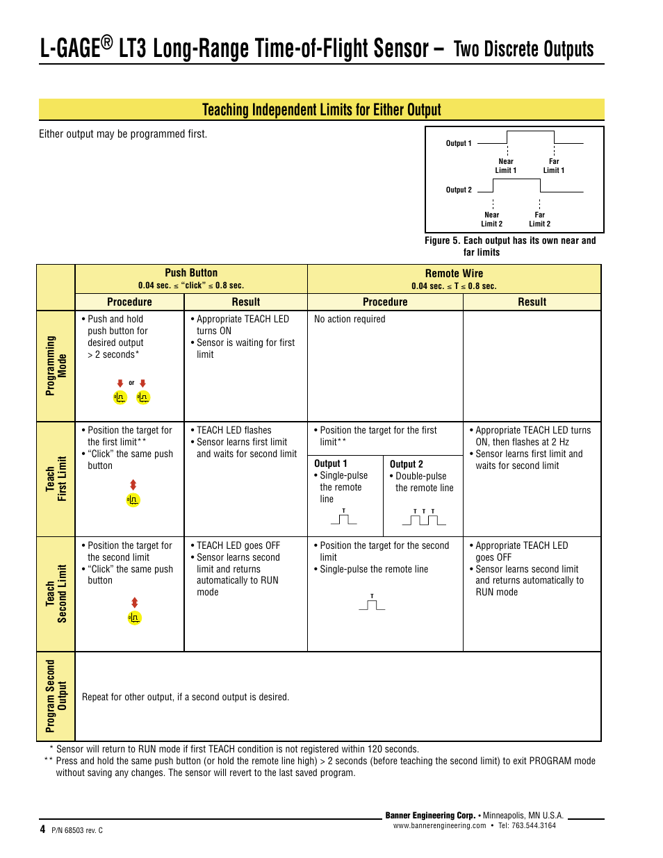 L-gage, Lt3 long-range time-of-flight sensor, Two discrete outputs | Teaching independent limits for either output | Banner L-GAGE LT3 Series User Manual | Page 4 / 12