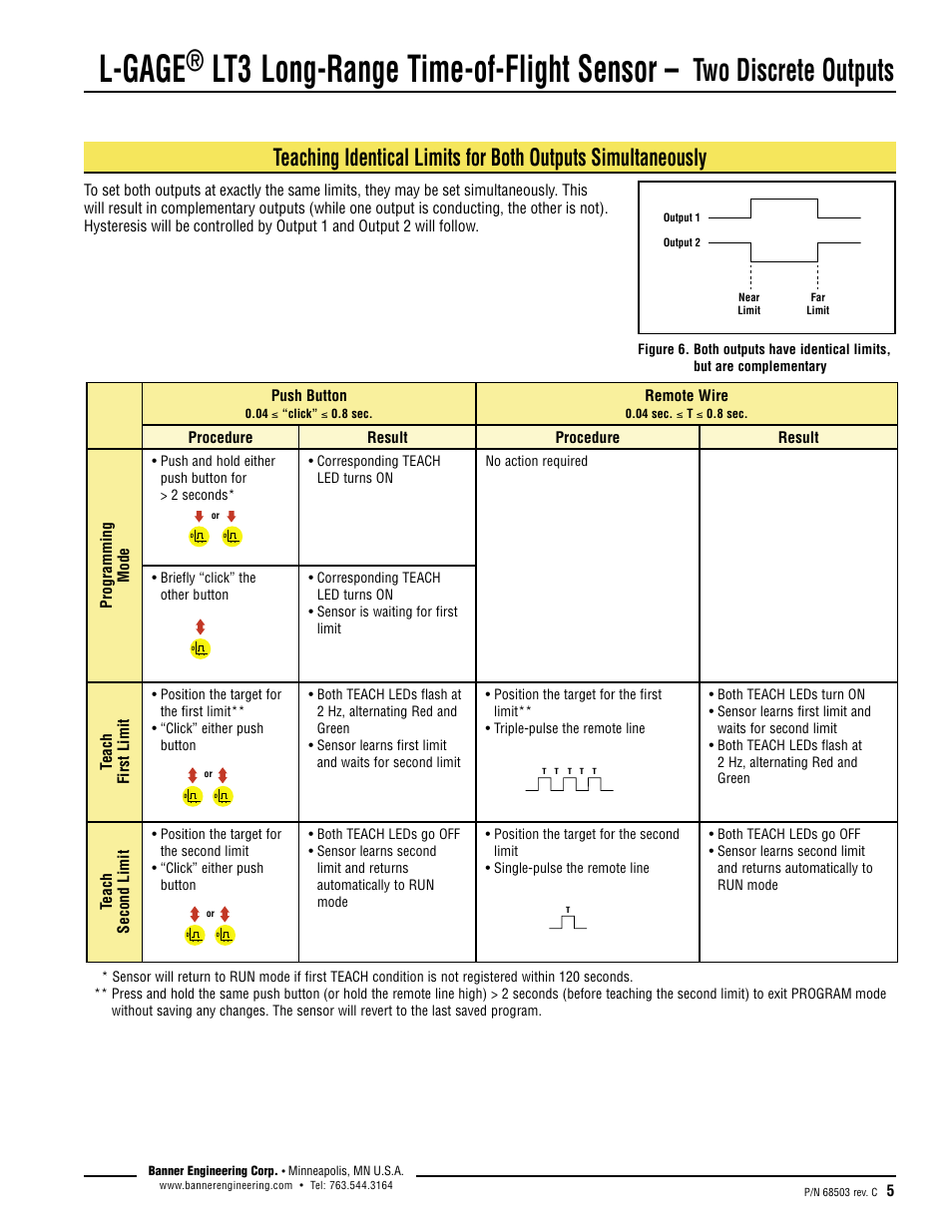 L-gage, Lt3 long-range time-of-flight sensor, Two discrete outputs | Banner L-GAGE LT3 Series User Manual | Page 5 / 12