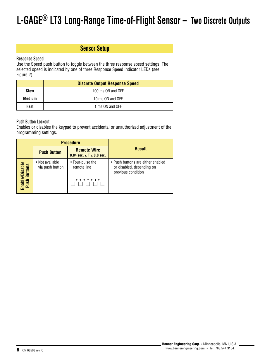 L-gage, Lt3 long-range time-of-flight sensor, Two discrete outputs | Sensor setup | Banner L-GAGE LT3 Series User Manual | Page 6 / 12