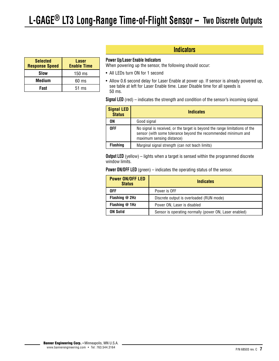 L-gage, Lt3 long-range time-of-flight sensor, Two discrete outputs | Indicators | Banner L-GAGE LT3 Series User Manual | Page 7 / 12