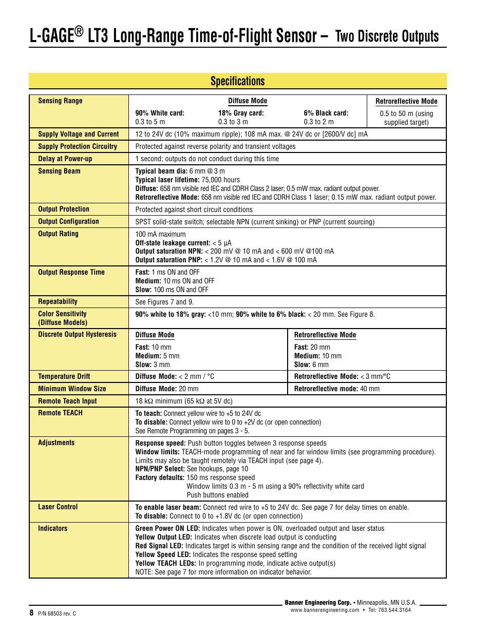 L-gage, Lt3 long-range time-of-flight sensor, Two discrete outputs | Specifications | Banner L-GAGE LT3 Series User Manual | Page 8 / 12