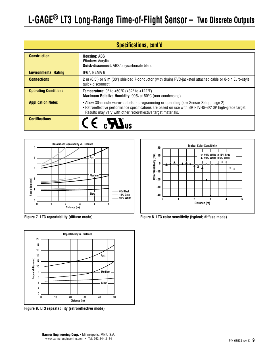 L-gage, Lt3 long-range time-of-flight sensor, Two discrete outputs | Specifications, cont’d | Banner L-GAGE LT3 Series User Manual | Page 9 / 12