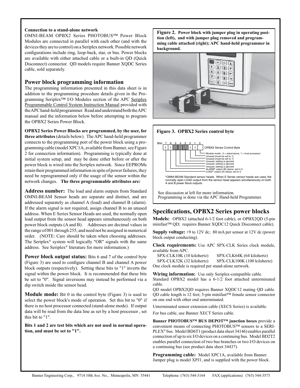 Specifications, opbx2 series power blocks, Power block programming information, Address number | Power block output status, Module mode | Banner OMNI-BEAM Series User Manual | Page 2 / 2