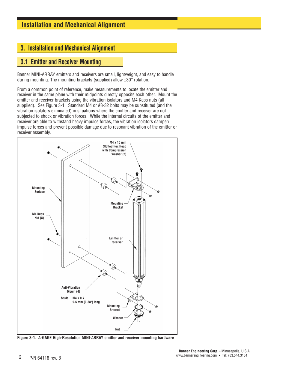 Installation and mechanical alignment | Banner A-GAGE High-Resolution MINI-ARRAY Series User Manual | Page 12 / 40