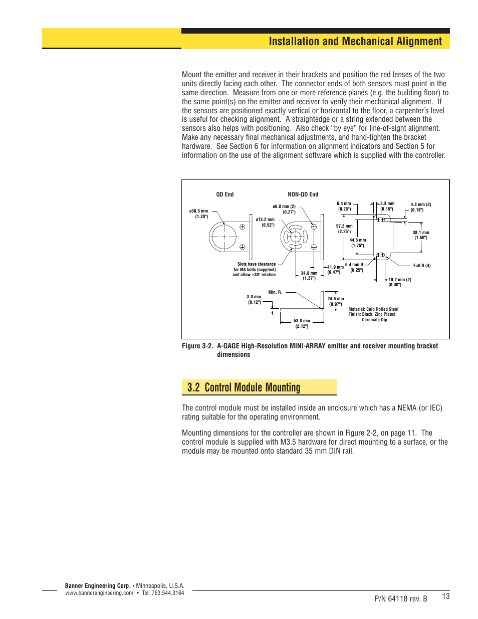 2 control module mounting, Installation and mechanical alignment | Banner A-GAGE High-Resolution MINI-ARRAY Series User Manual | Page 13 / 40