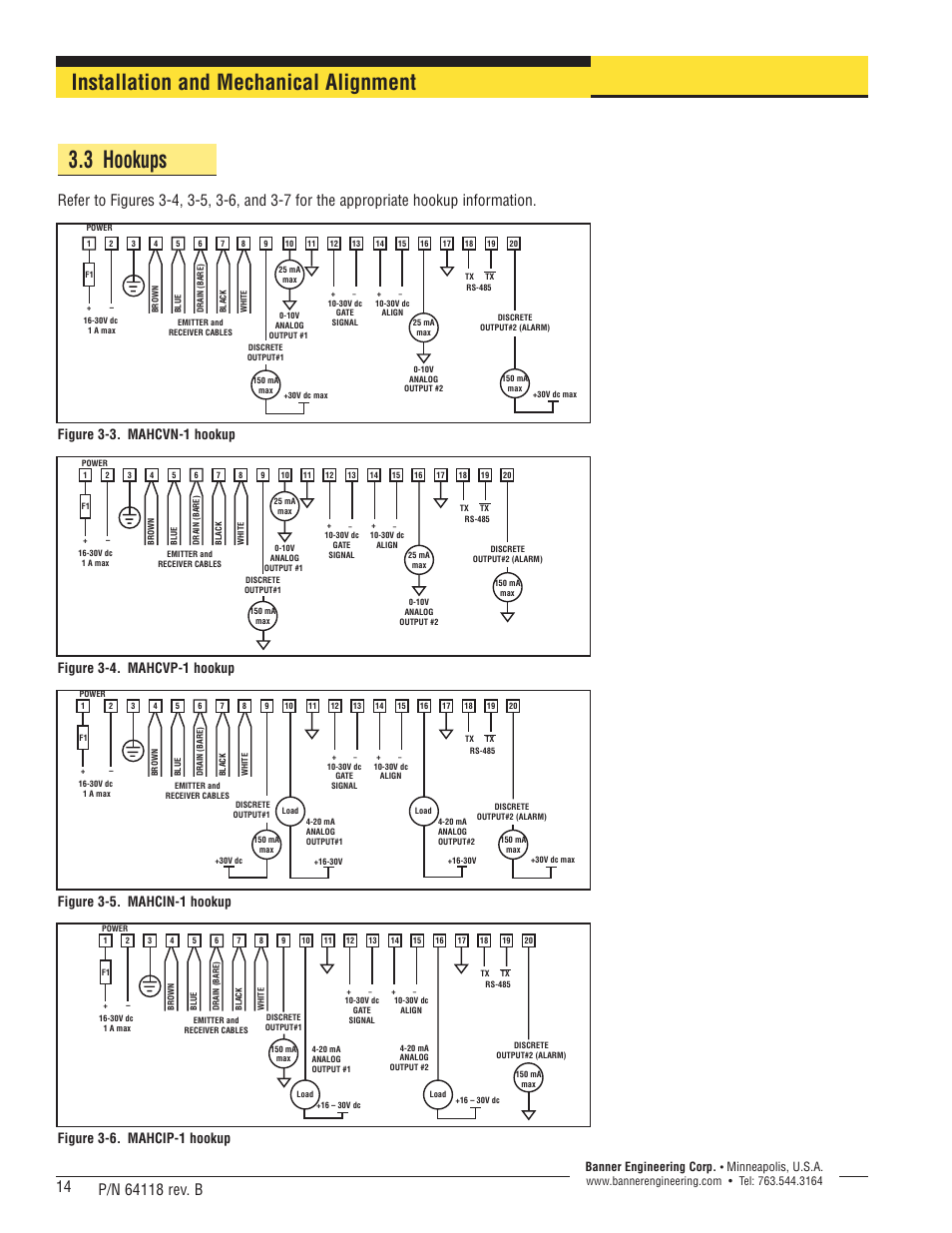 3 hookups, Installation and mechanical alignment, Figure 3-3. mahcvn-1 hookup | Figure 3-4. mahcvp-1 hookup, Figure 3-5. mahcin-1 hookup, Figure 3-6. mahcip-1 hookup, Banner engineering corp, Minneapolis, u.s.a | Banner A-GAGE High-Resolution MINI-ARRAY Series User Manual | Page 14 / 40