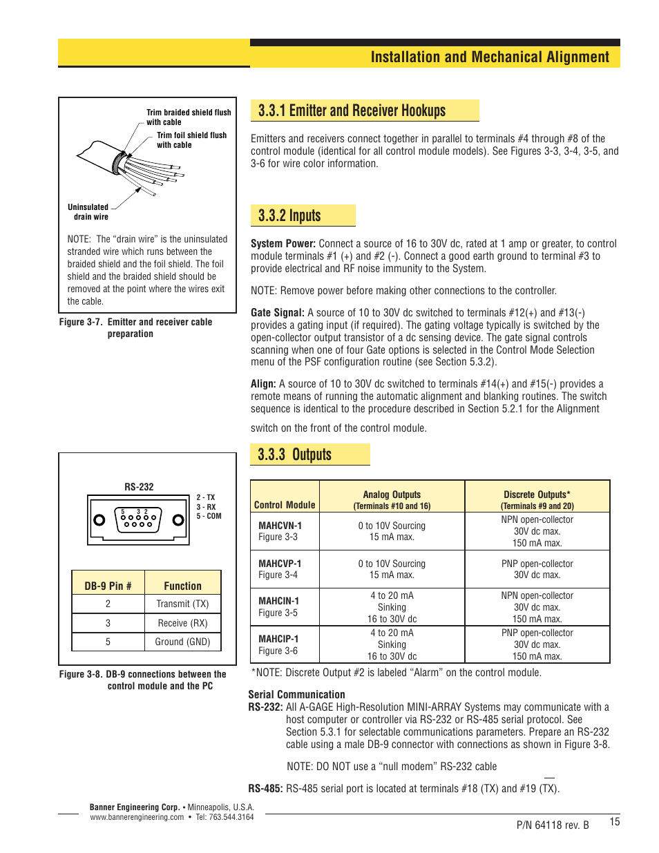 1 emitter and receiver hookups, 2 inputs, 3 outputs | Installation and mechanical alignment | Banner A-GAGE High-Resolution MINI-ARRAY Series User Manual | Page 15 / 40