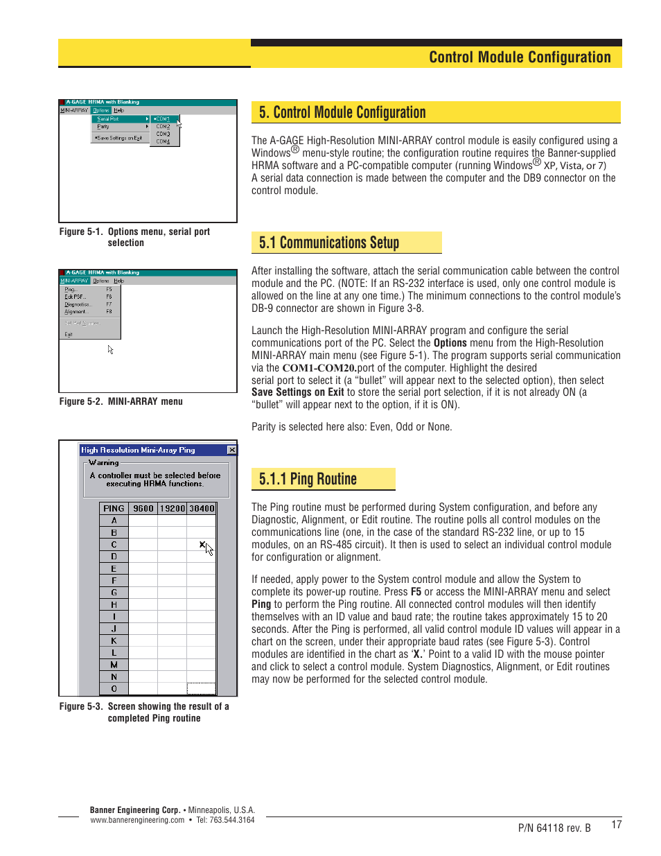 1 communications setup, 1 ping routine, Control module configuration | Banner A-GAGE High-Resolution MINI-ARRAY Series User Manual | Page 17 / 40