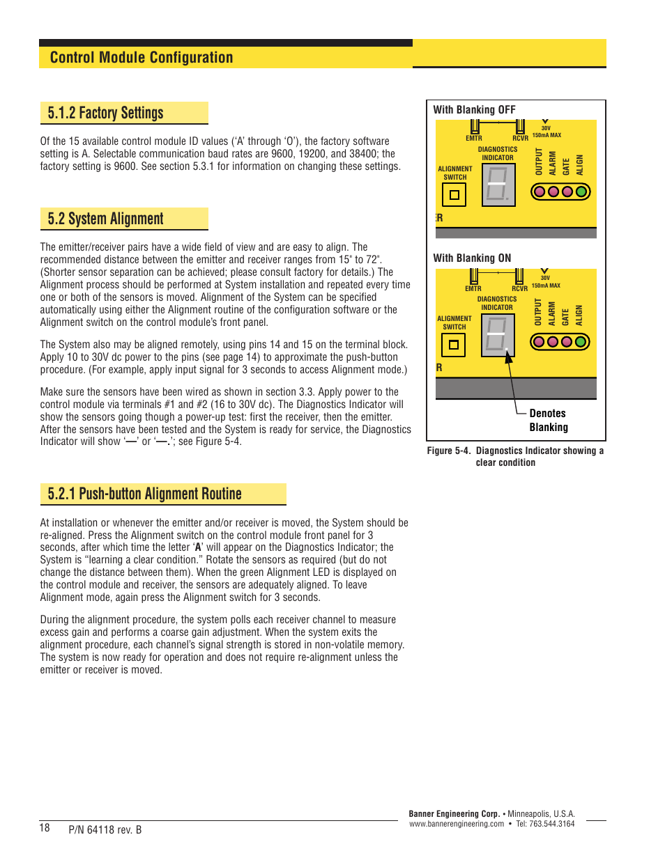 2 factory settings, 2 system alignment, 1 push-button alignment routine | Control module configuration, High resolution mini-array controller | Banner A-GAGE High-Resolution MINI-ARRAY Series User Manual | Page 18 / 40