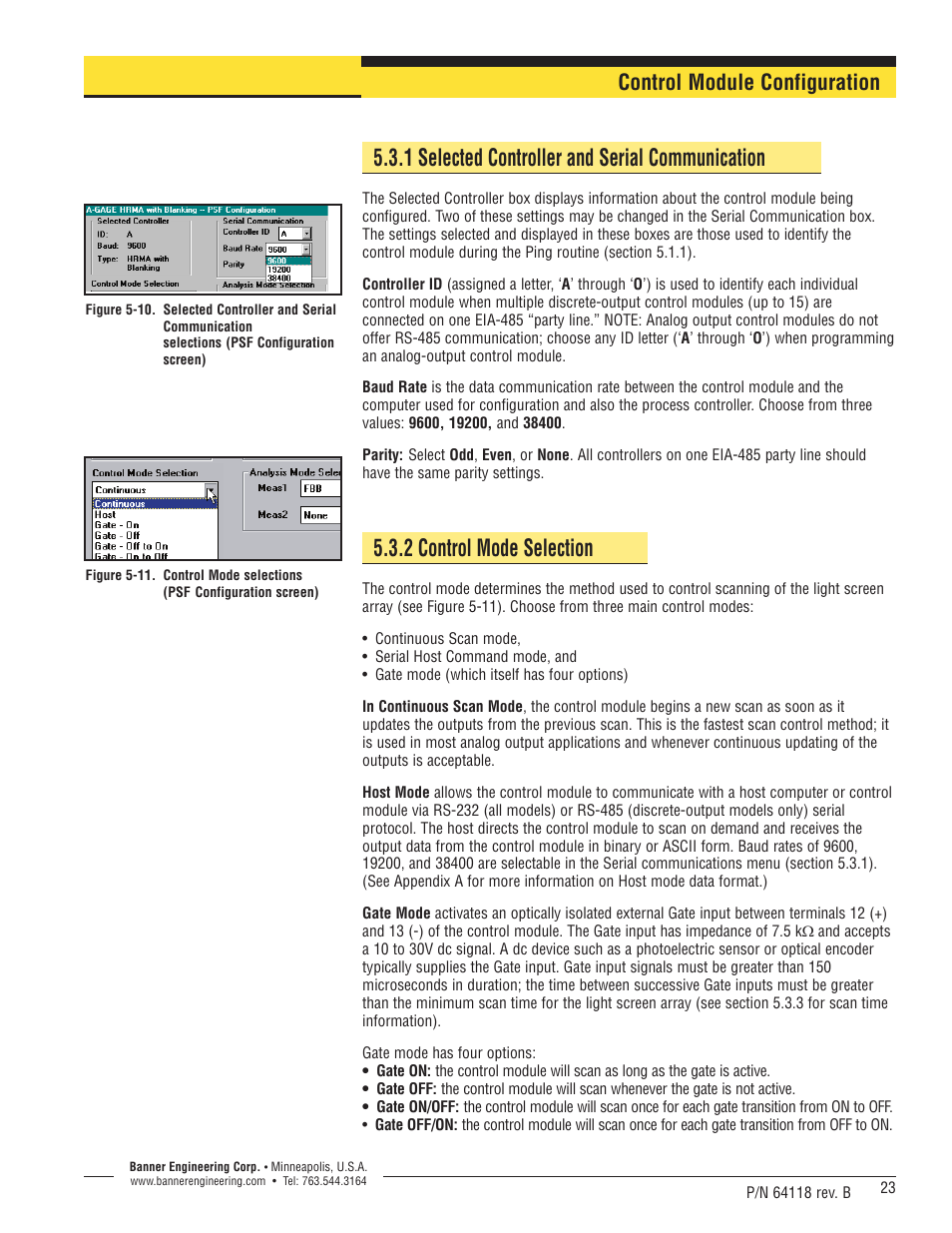 1 selected controller and serial communication, 2 control mode selection, Control module configuration | Banner A-GAGE High-Resolution MINI-ARRAY Series User Manual | Page 23 / 40