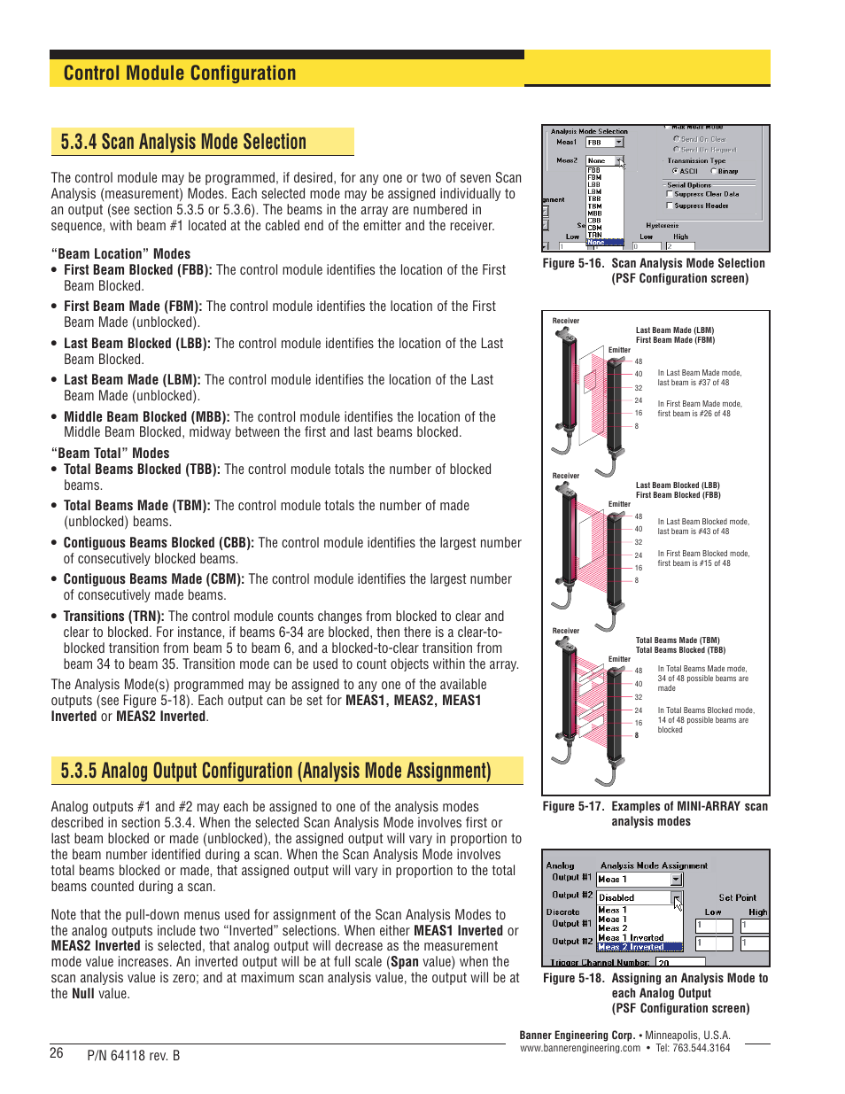 4 scan analysis mode selection, Control module configuration | Banner A-GAGE High-Resolution MINI-ARRAY Series User Manual | Page 26 / 40