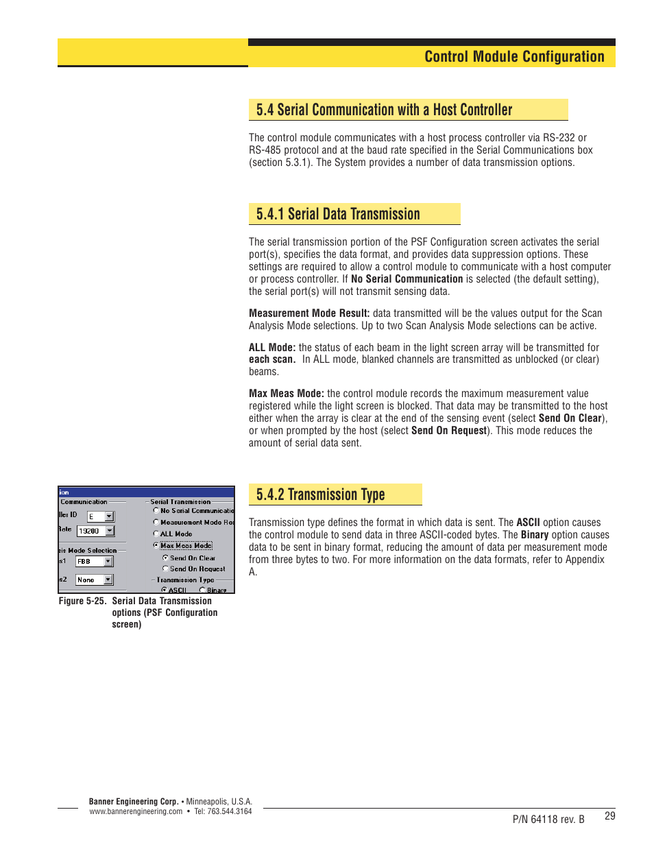 4 serial communication with a host controller, 1 serial data transmission, 2 transmission type | Control module configuration | Banner A-GAGE High-Resolution MINI-ARRAY Series User Manual | Page 29 / 40