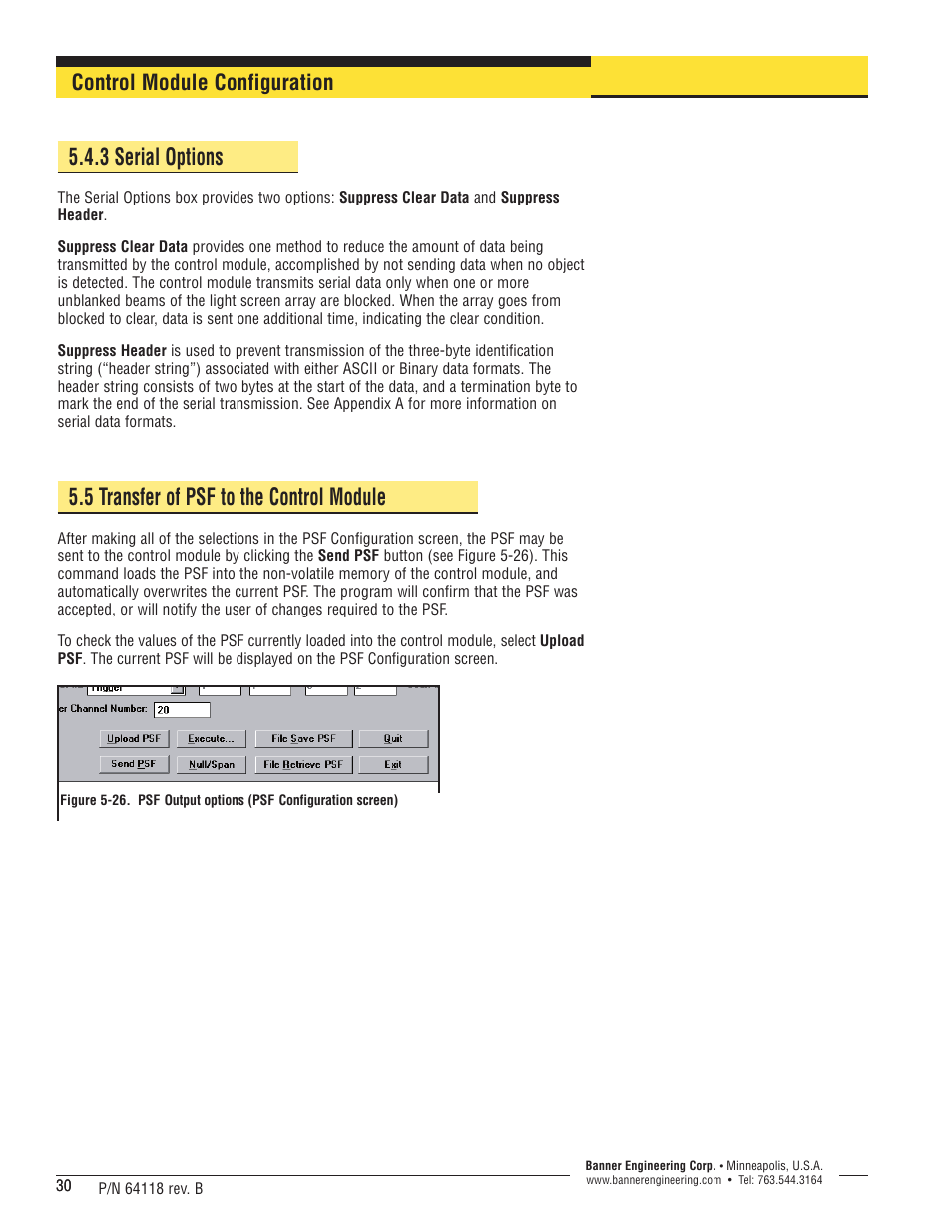 3 serial options, 5 transfer of psf to the control module, Control module configuration | Banner A-GAGE High-Resolution MINI-ARRAY Series User Manual | Page 30 / 40