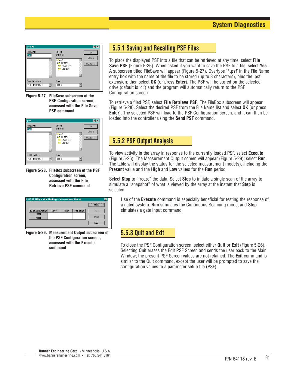 1 saving and recalling psf files, 2 psf output analysis, 3 quit and exit | System diagnostics | Banner A-GAGE High-Resolution MINI-ARRAY Series User Manual | Page 31 / 40