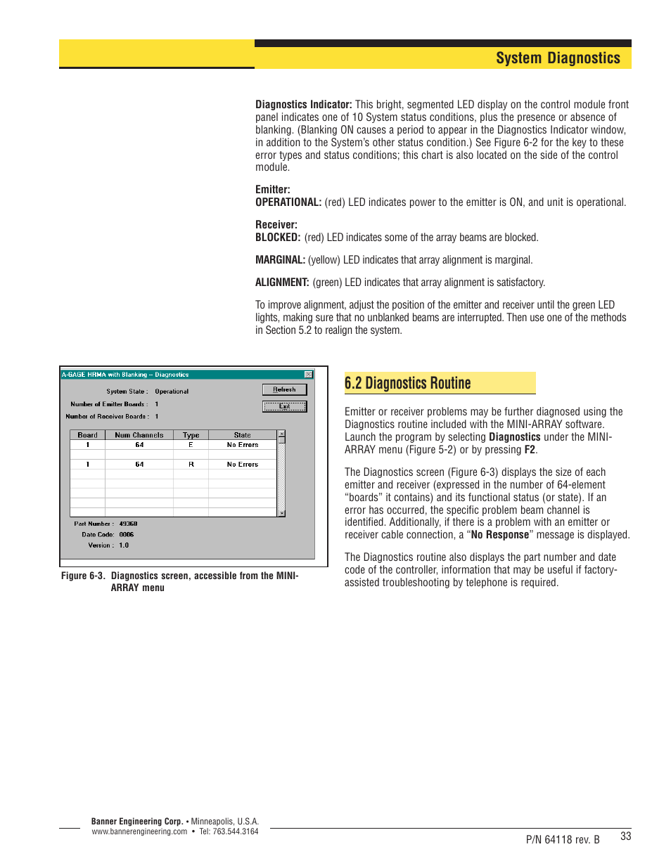 2 diagnostics routine, System diagnostics | Banner A-GAGE High-Resolution MINI-ARRAY Series User Manual | Page 33 / 40