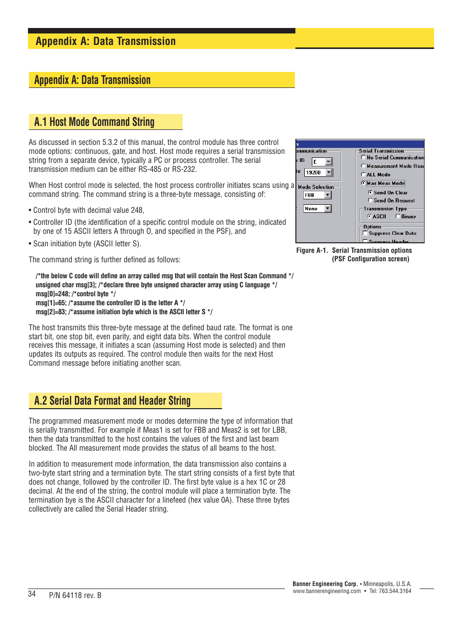 A.2 serial data format and header string, Appendix a: data transmission | Banner A-GAGE High-Resolution MINI-ARRAY Series User Manual | Page 34 / 40