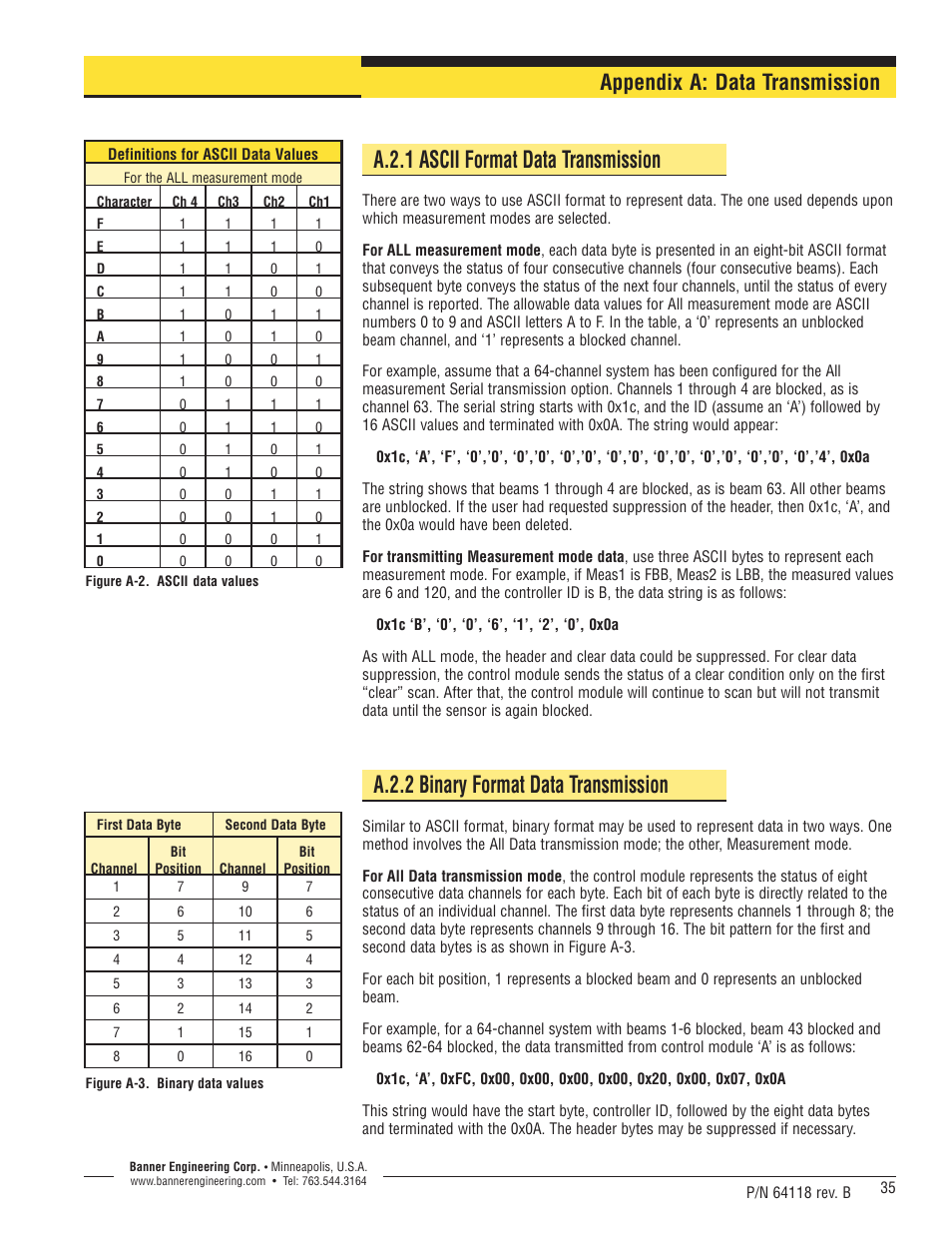 A.2.1 ascii format data transmission, A.2.2 binary format data transmission, Appendix a: data transmission | Banner A-GAGE High-Resolution MINI-ARRAY Series User Manual | Page 35 / 40