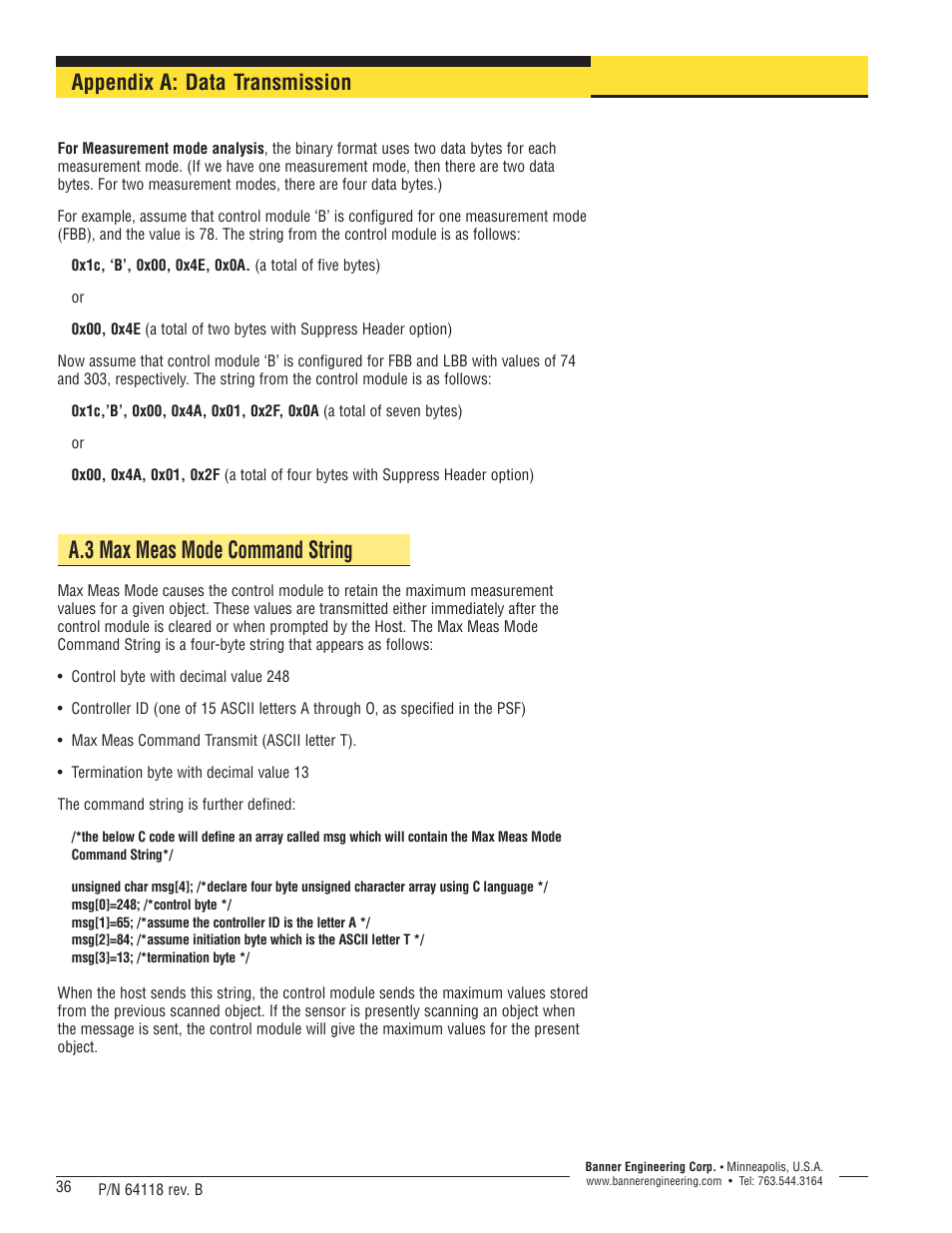 A.3 max meas mode command string, Appendix a: data transmission | Banner A-GAGE High-Resolution MINI-ARRAY Series User Manual | Page 36 / 40