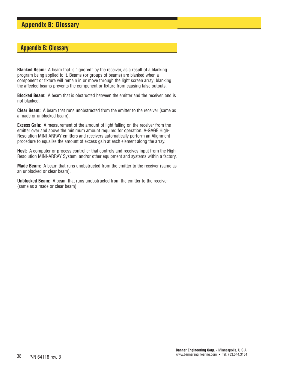 Appendix b: glossary | Banner A-GAGE High-Resolution MINI-ARRAY Series User Manual | Page 38 / 40