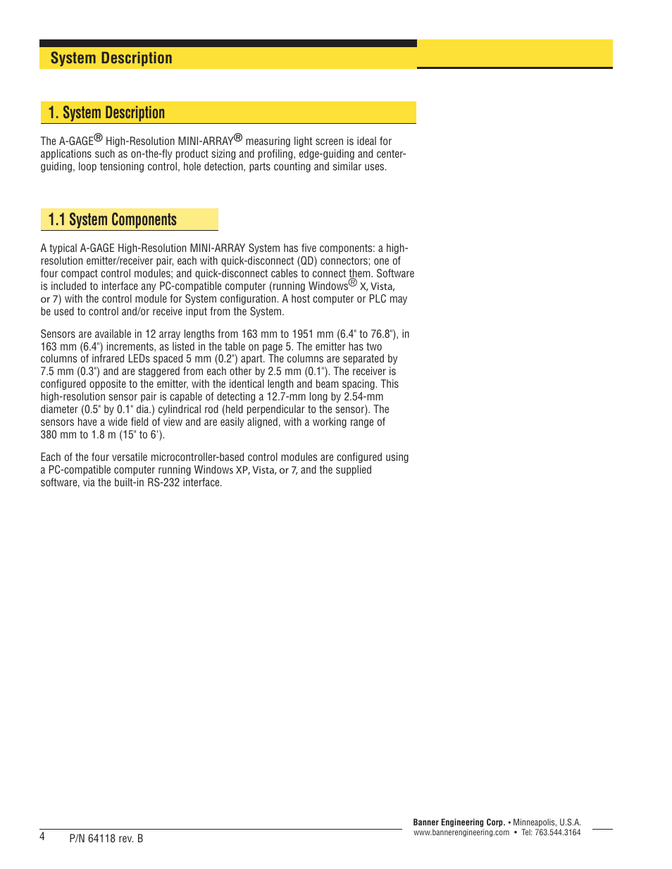 1 system components, System description | Banner A-GAGE High-Resolution MINI-ARRAY Series User Manual | Page 4 / 40