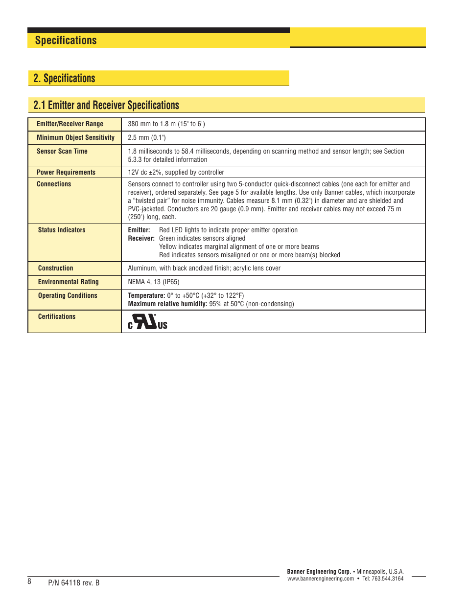 Specifications | Banner A-GAGE High-Resolution MINI-ARRAY Series User Manual | Page 8 / 40