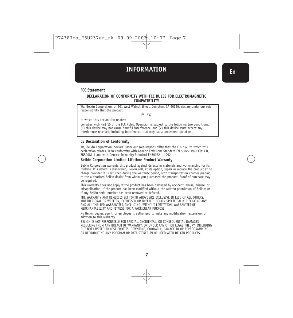 Information | Belkin F5U237EA User Manual | Page 11 / 12