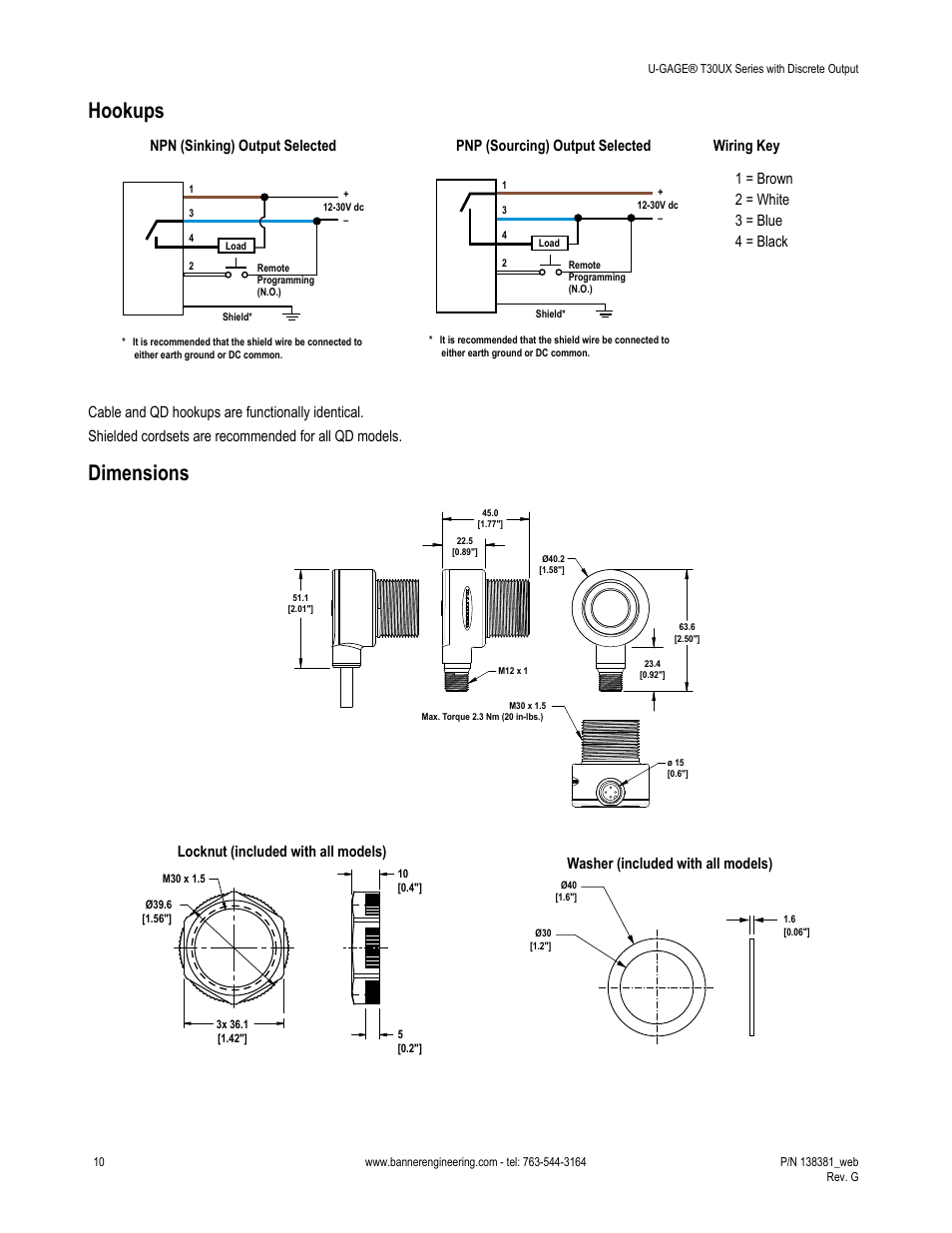 Hookups, Dimensions, Npn (sinking) output selected | Pnp (sourcing) output selected, Locknut (included with all models), Washer (included with all models) | Banner U-GAGE T30UX Ultrasonic Sensors User Manual | Page 10 / 12