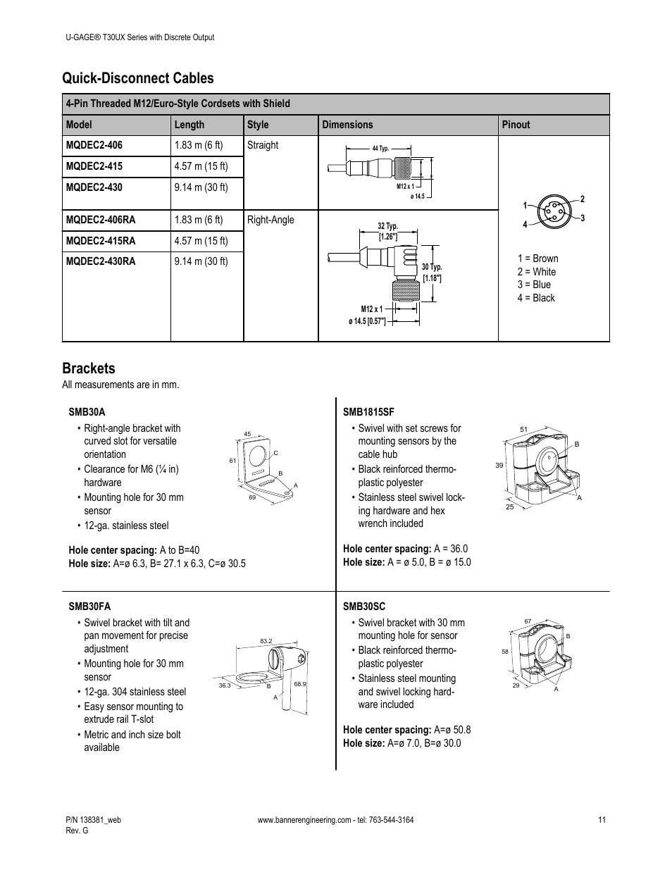 Quick-disconnect cables, Brackets | Banner U-GAGE T30UX Ultrasonic Sensors User Manual | Page 11 / 12