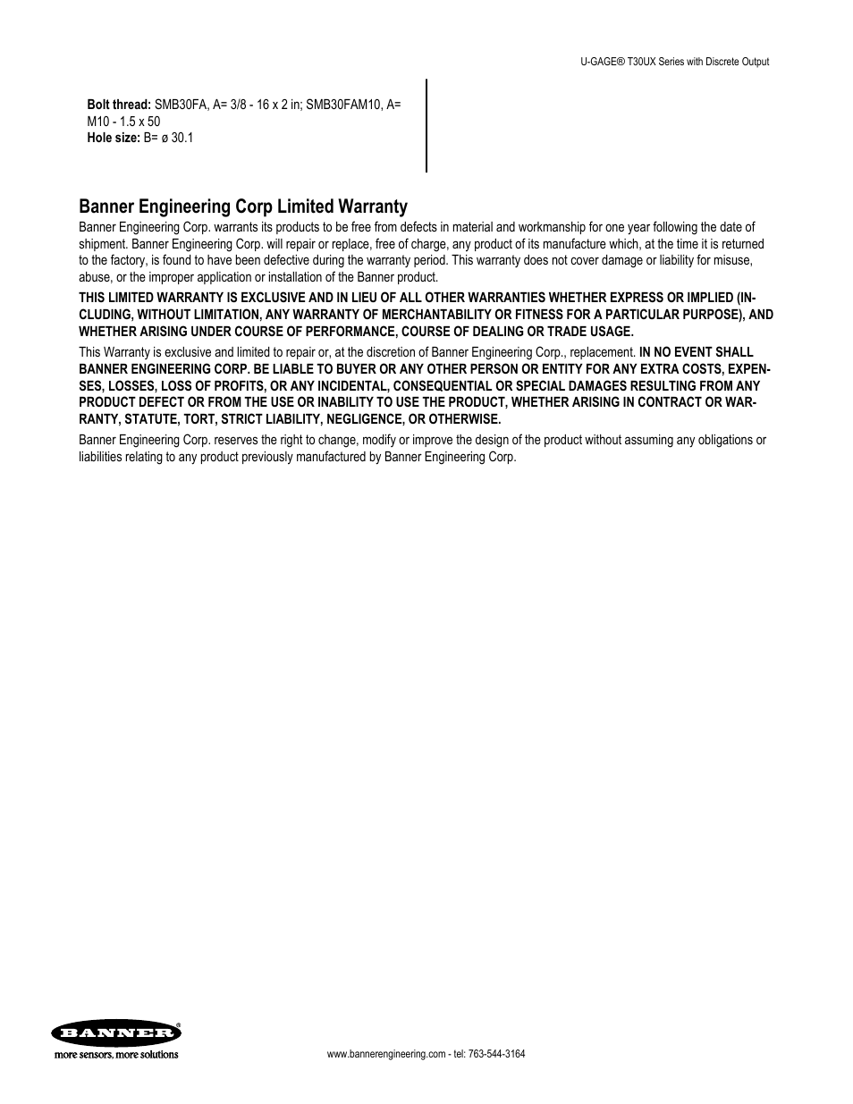 Banner engineering corp limited warranty | Banner U-GAGE T30UX Ultrasonic Sensors User Manual | Page 12 / 12