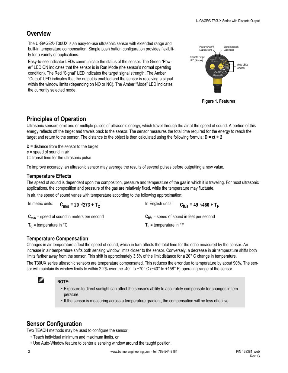 Overview, Principles of operation, Sensor configuration | Temperature effects, Temperature compensation | Banner U-GAGE T30UX Ultrasonic Sensors User Manual | Page 2 / 12