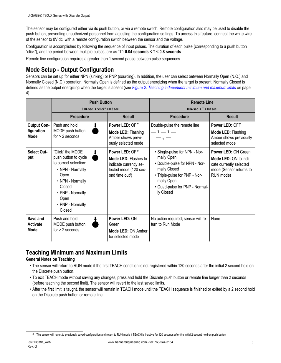 Mode setup - output configuration, Teaching minimum and maximum limits | Banner U-GAGE T30UX Ultrasonic Sensors User Manual | Page 3 / 12