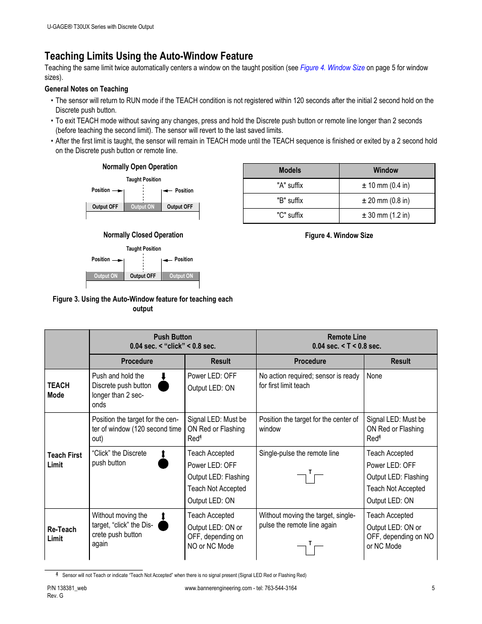 Teaching limits using the auto-window feature | Banner U-GAGE T30UX Ultrasonic Sensors User Manual | Page 5 / 12