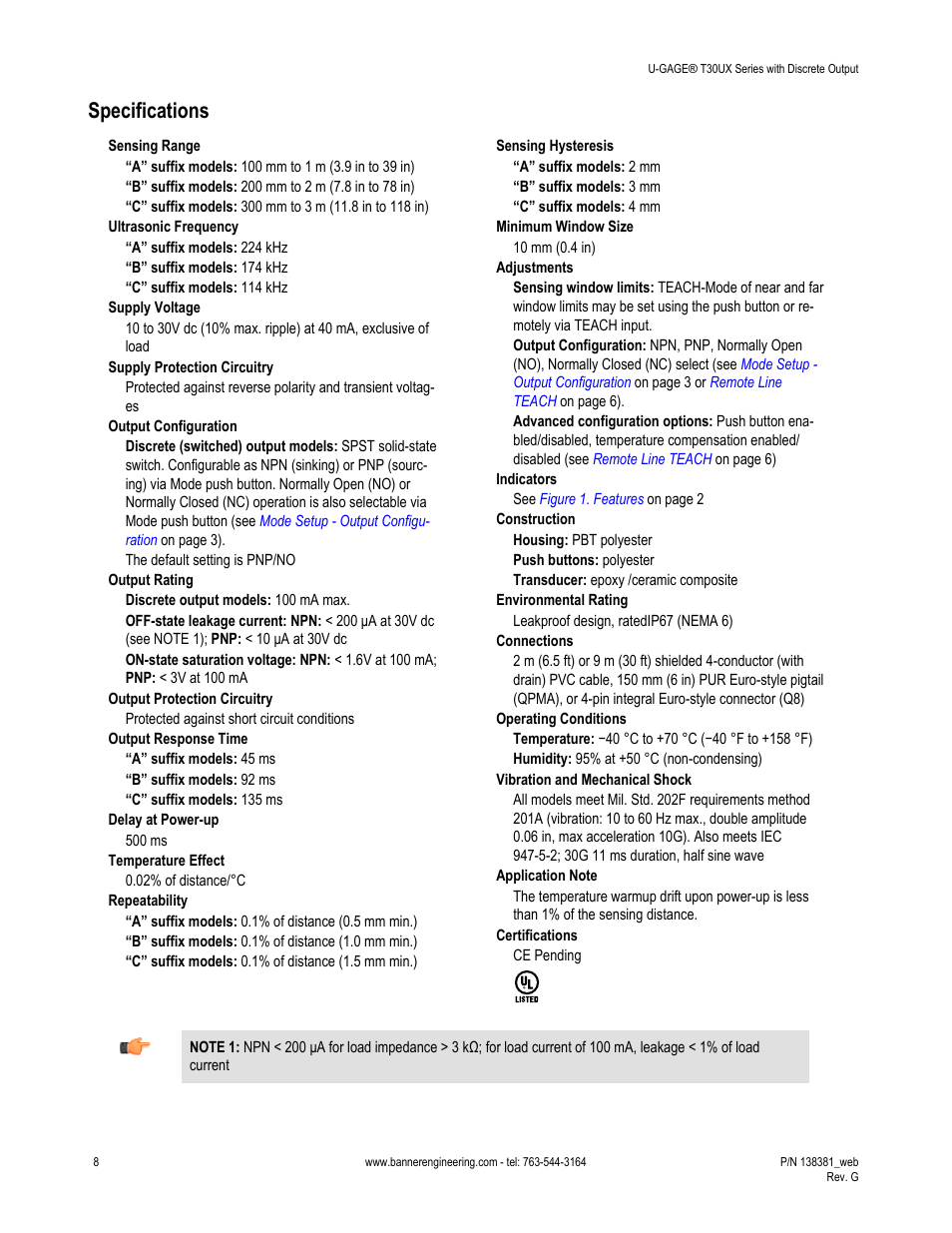 Specifications | Banner U-GAGE T30UX Ultrasonic Sensors User Manual | Page 8 / 12