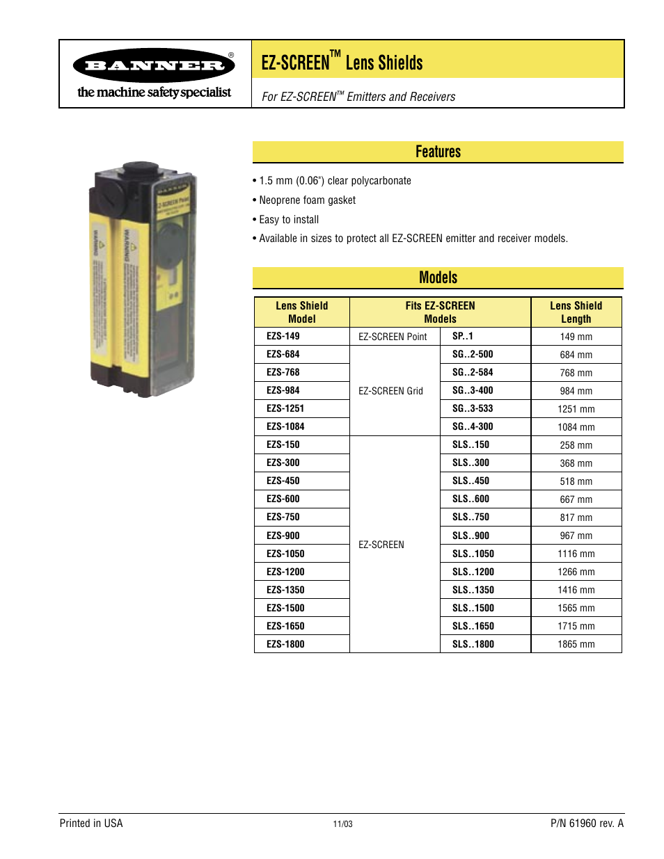 Banner EZ-ARRAY Lens Shields User Manual | 2 pages