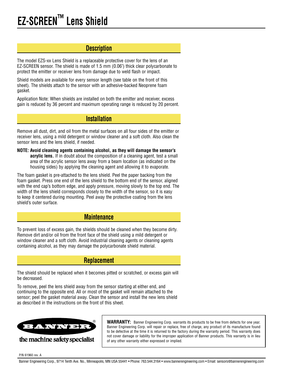 Ez-screen, Lens shield, Description | Installation, Maintenance, Replacement | Banner EZ-ARRAY Lens Shields User Manual | Page 2 / 2