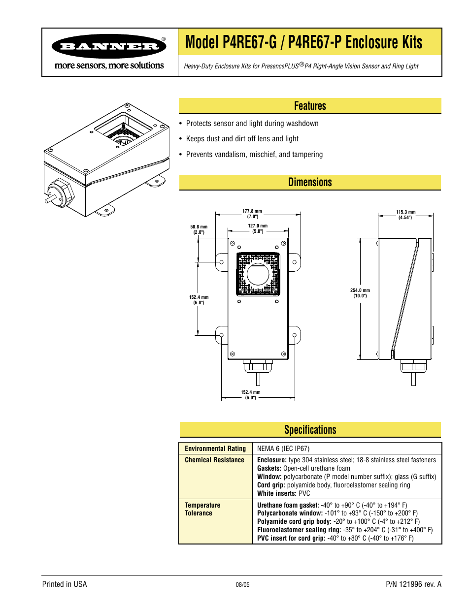 Banner P4RE67-P PresencePLUS P4 Enclosures User Manual | 2 pages