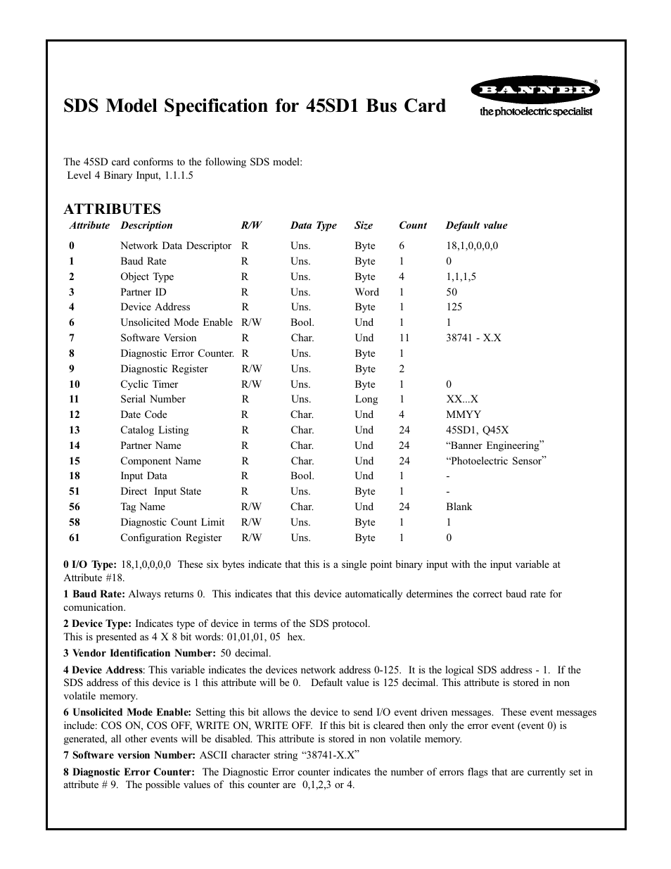 Sds model specification for 45sd1 bus card, Attributes | Banner Q45 Series User Manual | Page 3 / 6