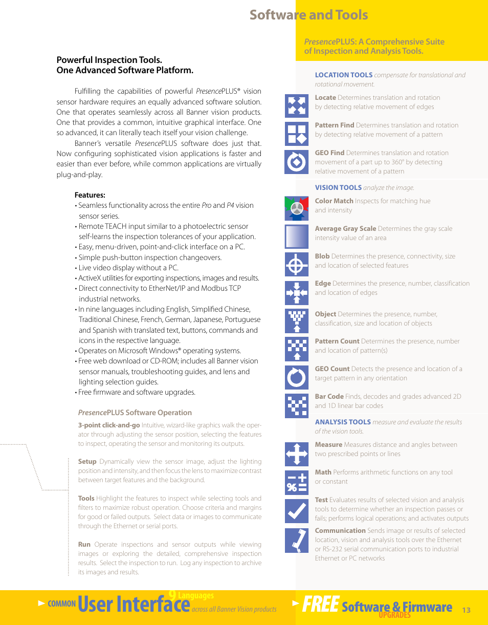 User interface, Free, Software and tools | Software & firmware | Banner PresencePLUS PPM8 LCD Color Monitor User Manual | Page 13 / 48